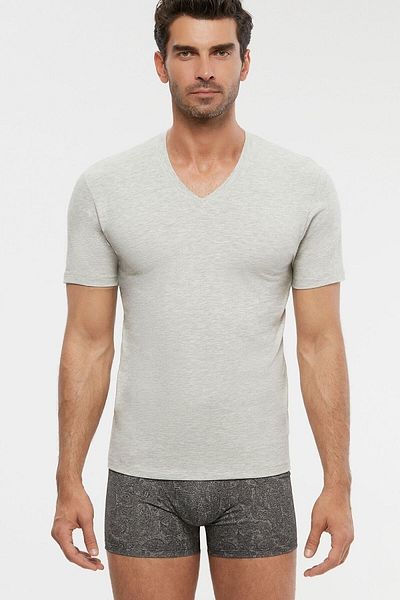 Kom Ανδρικό μπλουζάκι γκρι Modal Cotton Lycra Compact με λαιμόκοψη V 6 τεμαχίων