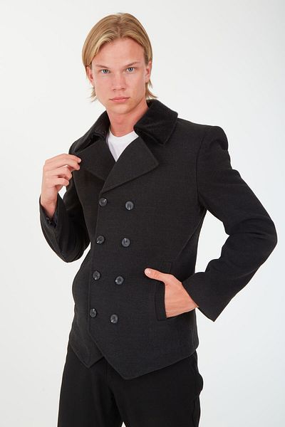 SPOSO Men's Smoke Colored Collar Fur Removal Double Breasted Stamped Short Coat