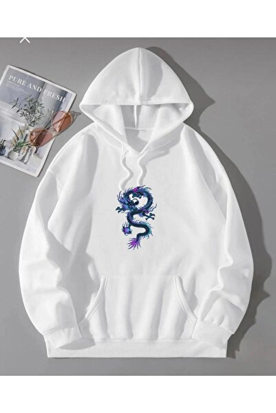 LOUİSA Hanorac alb cu glugă, supradimensionat, cu imprimeu dragon, albastru ș...