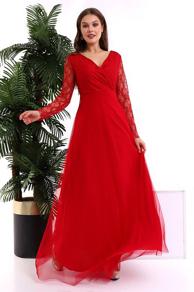 Fasmia Red Tulle Boat Neck Kiloş Dress F115