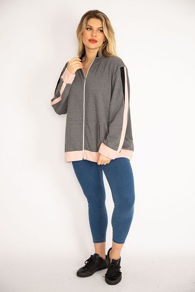 Şans Women's Large Size Gray Front Zippered Kangaroo Pocket Sweatshirt Coat 65n35046