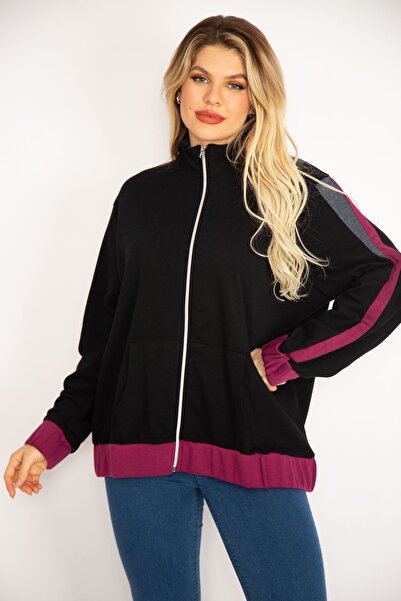 Şans Women's Large Size Black Front Zipper Kangaroo Pocket Sweatshirt Coat 65n35046