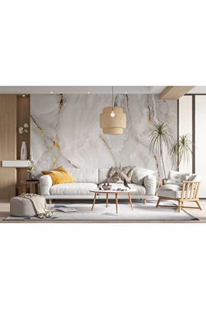 LOTUS AURA Gold Detaylı Gri Mermer Desenli Duvar Kağıdı, Mermer Desenli Duvar...
