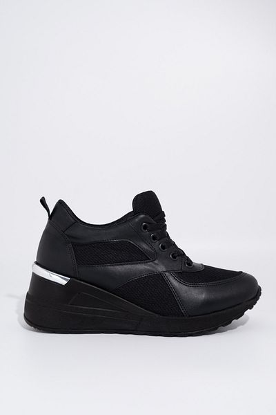 Modabuymus Black Mesh Wedge Heeled Sneaker Lace-Up Sports Shoes - Pily