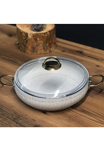 BAYSEM Lines Granit Güveç Basık Tencere 28cm Altın Kulp Beyaz-51