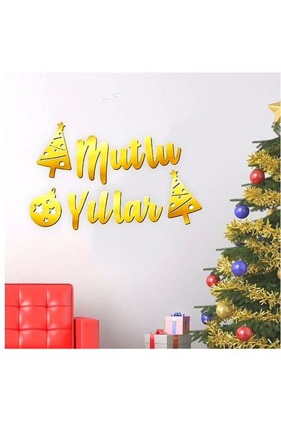 Nilgün Baymış Neva Konsept Hediyelik Christmas Decoration Happy New Year Written Calligraphy Banner Gold Color