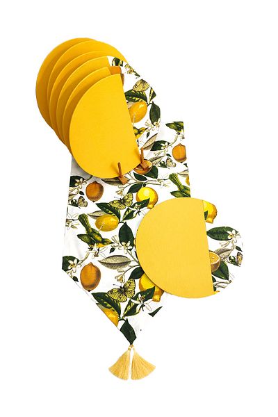 Viemso Lemon Patterned Runner, 2-Piece Specially Designed Charger Plates (Excluding Wooden Charger Plates)