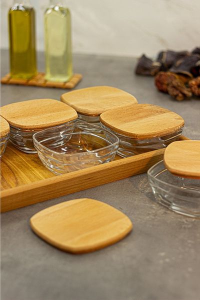KukiWood Luna 6-Piece Glass Breakfast Set with Wooden Lid, Tray and Glass Bowl Breakfast Set