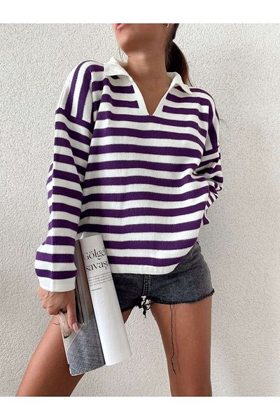 Jose Clothing Pulover tricot cu mânecă lungă în dungi cu gât polo de damă