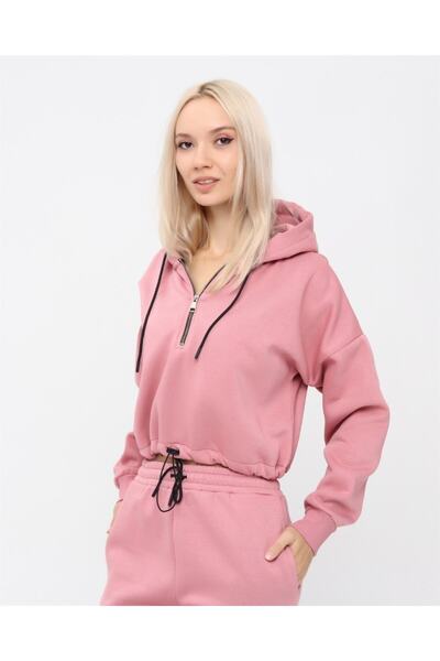 TRENDHİLL Yarım Fermuarlı Kapüşonlu Crop Sweatshirt 5502p