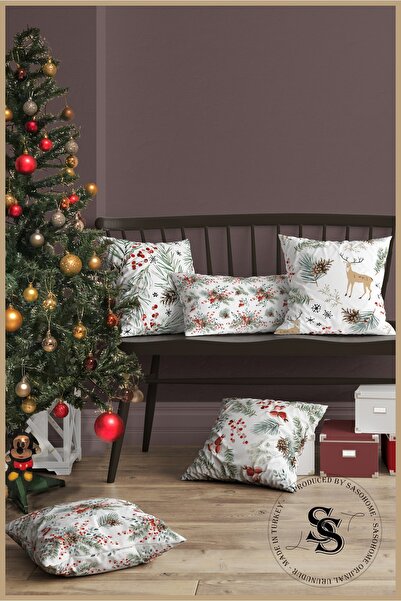 SasoHome Cranberry, Hawthorn and Winter Leaves Patterned 5-Piece Combination Patterned Digital Printed Throw Pillow Cover