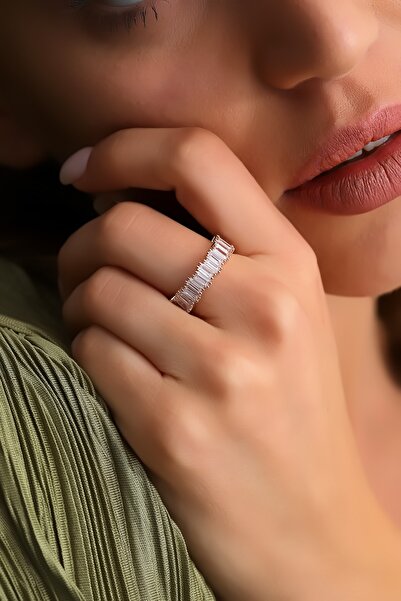 Bilsen Store 925 Ayar Gümüş Rose Kaplamalı Baget Taşlı Tamtur Model Yüzük