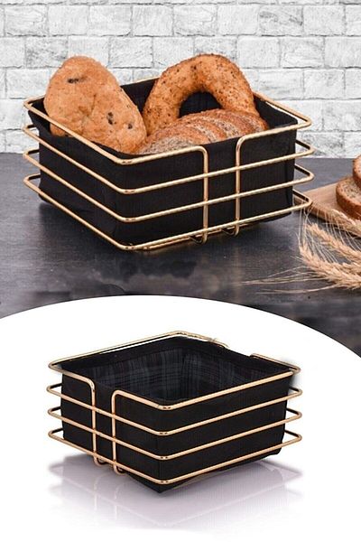 KARTEYA Decorative Square Luxury Stainless Gold Bread Holder Black Fabric Kitchen Bread Basket