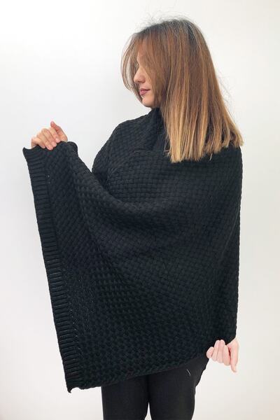 Ebruli Kadın Anne Akrilik Orlon Triko Hasır Etnik Desen Kışlık Siyah Kalın Omuz Şalı 104