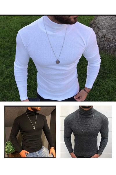 FATELLA Unisex 3-Piece Full-Neck Slim Fit Ribbed Model Knitwear Turtleneck Sweater