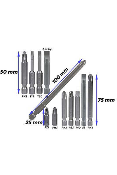 Badem10 Klytek Matkap Bits Uç Vidalama Ucu Düz Yıldız Torx Uç (12 Parça)