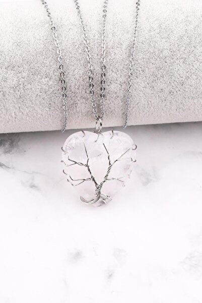 Alibaba Doğaltaş Unisex Kristal Kuvars Doğal Taş Tel Sarmalı Kalp Kolye