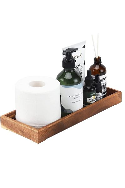 Alyones Walnut Farmhouse Wooden Vanity Tray Small Rectangle , Rustic Bath Tray Bathroom Organizer