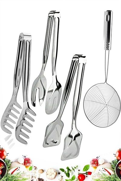 Trouvaille 4 Piece Stainless Steel Pasta Tongs, Salad Tongs, Pastry Tongs, Colander Set Kitchen Set