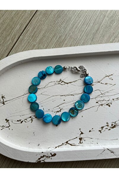 PelvedDesign Mavi Yuvarlak Yassı Sedef Doğal Taş Bileklik