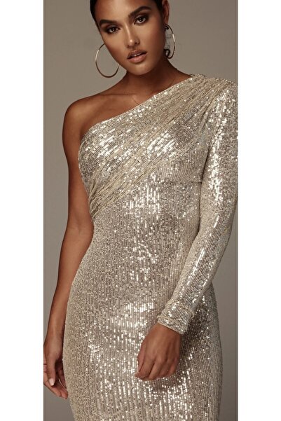 Genel Markalar Tek Kol Pulpayet Işlemeli Midi Abiye Elbise