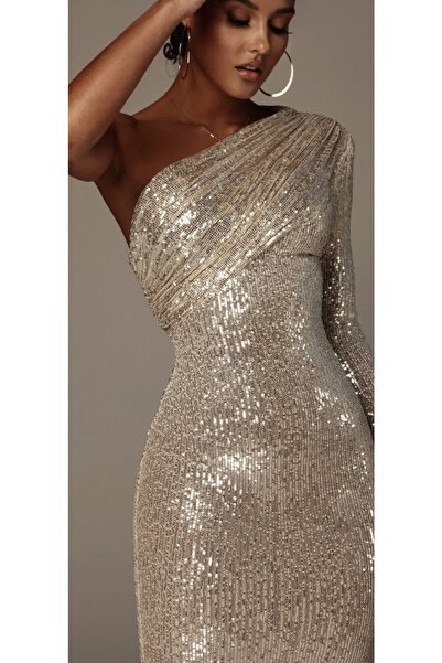 Genel Markalar Tek Kol Pulpayet Işlemeli Midi Abiye Elbise