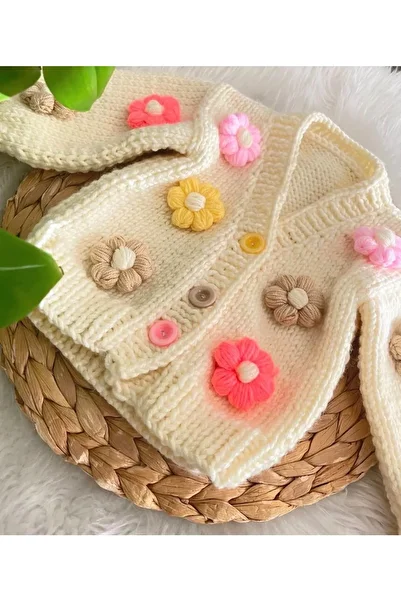 AKİF GİYİM Daisy Flower Patterned Girl's Crop Cardigan - Hand Knitted