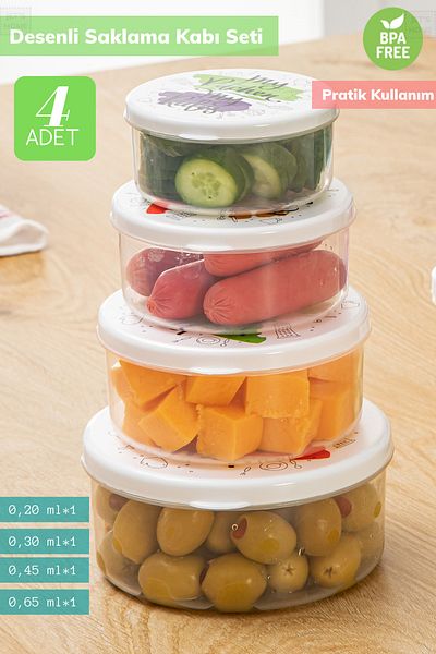Jet's Home 4-Piece Patterned Round Storage Container Bpa Free 0.20 / 0.30 / 0.45 / 0.65 Ml