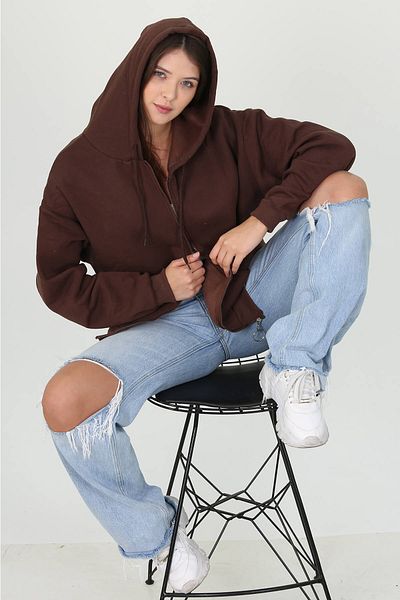 Neşeli Butik Дамски суитшърт с качулка, джоб и цип, Fvr003