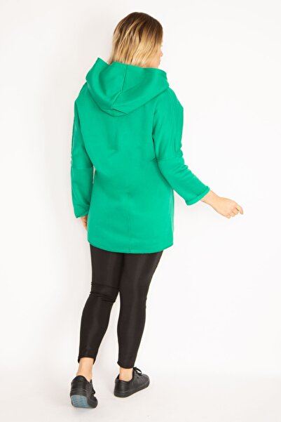 Şans Women's Large Size Green Front Zipper Pocket and Hooded Coat 65n35108