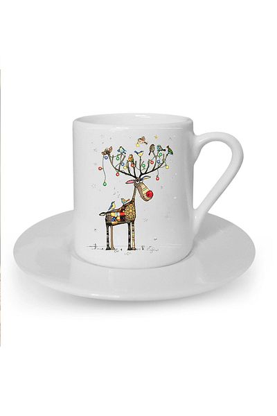 Kumbara Hediyelik New Year Christmas Themed Cute Cat Printed White Turkish Coffee Cup