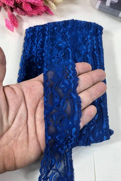 Hobigram Saks Blue Lycra Lace Decoration Lace 1 Meter - Decorative Ribbon, Stylish Design, Women's Accessory -
