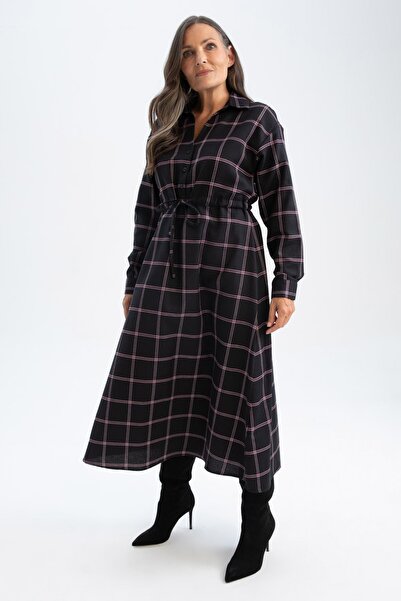 DeFacto Tradiční košilový límec kostkované šaty s dlouhým rukávem