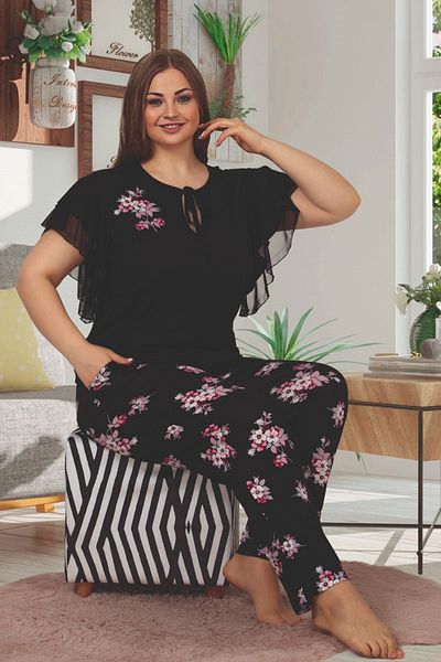 VocalMood Floral Print Black Color Lady-10852 Women's Short Sleeve Plus Size Pajamas Set