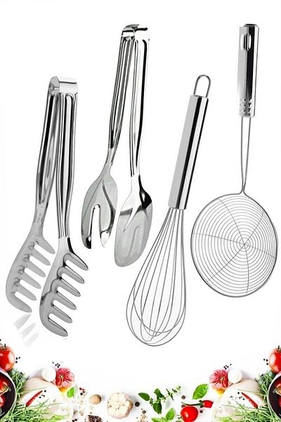 Trouvaille Ladle Colander Pasta Salad Tongs Mixer Wire Whisk Salad Tongs Steel Egg Beater