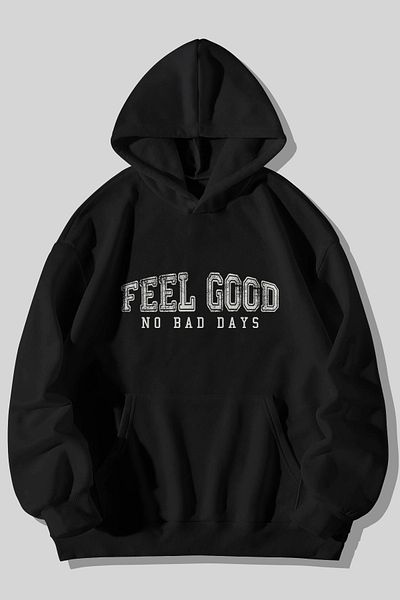 Harmandar Hanorac cu glugă unisex cu buzunar cangur negru cu imprimeu Feel Good No Bad Days