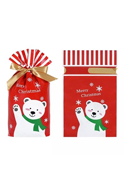 QUEEN AKSESUAR Yeni Yıl Yılbaşı Temalı 1adet Kırmızı Kutup Ayısı Desenli Ambalaj Paket Poşet Hediye Kutusu Kurabiye