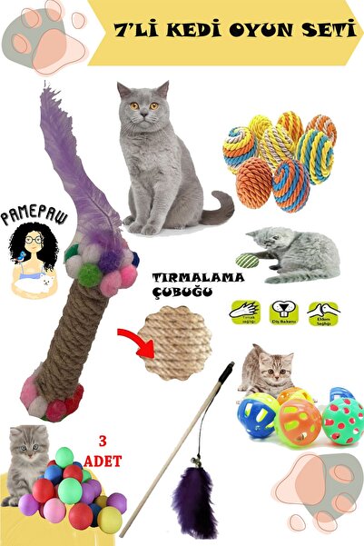 PAMEPAW 7'li Set : Kedi Tırmalama Oyuncağı , Sarma Top , Olta , 3'lü Mini Top...