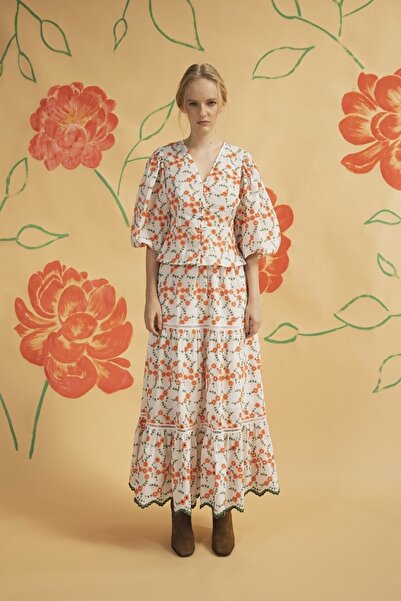 By Mare Style Suzanne Shirt - Orange Pattern, Flywheel Sleeve, White Embroidery Shirt