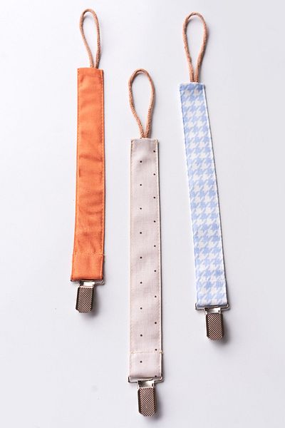 MyVera Cinnamon Mink Polka Dot Houndstooth Pacifier Strap Set - 3-Piece Pacifier Chain Set - 100% Cotton Fabric