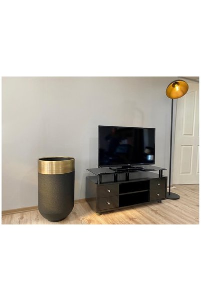 evdeniste Dekoratif Eskitme Darbuka Siyah Saksı 70 Cm+sehpa 60 Cm (ikili Set)