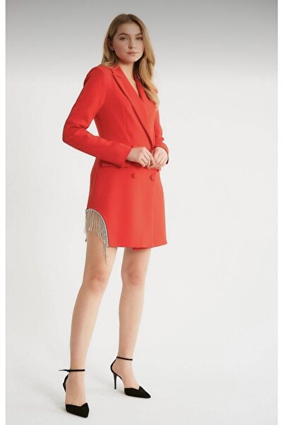BERİ BUTİK Kadın Taş Püsküllü Kırmızı Ceket Elbise
