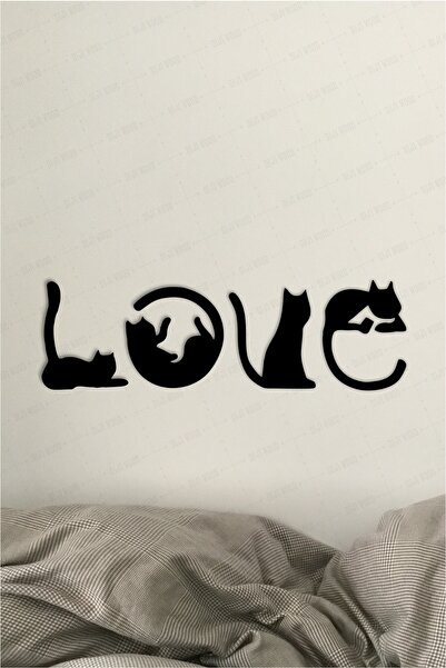 Diji Wood Kedi Tablosu Love Duvar Yazısı Dekoratif Tablo Ahşap Duvar Süsü