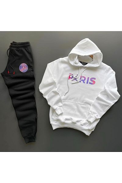 NewCabin New Season Unisex Paris Printed White Cotton Hoodie - Cotton Black Sweatpants Set of 2