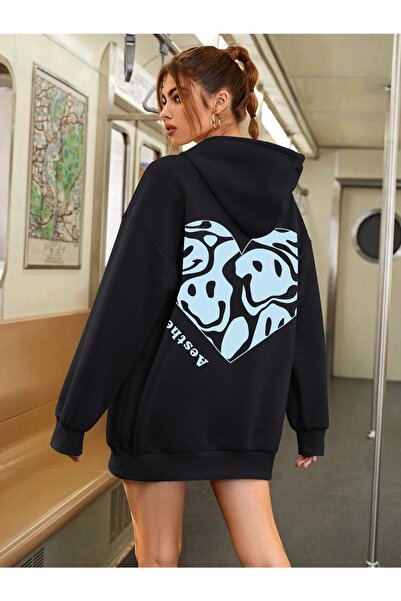 Yasolin Hanorac cu glugă cu imprimeu estetic pentru femei, negru