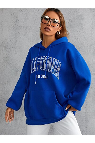 Yasolin Unisex Calıfornia Baskılı Kapüşonlu Sweatshirt MAVİRENK
