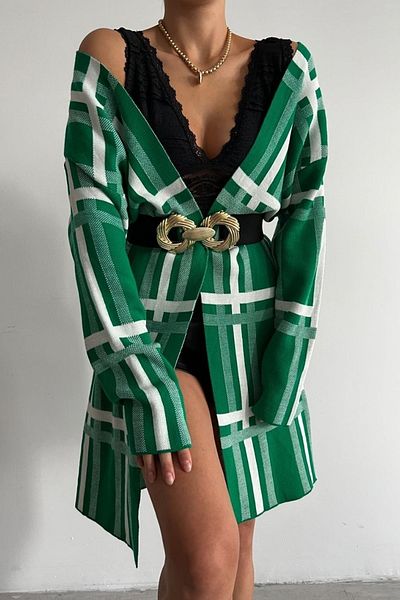 lovebox Women's Green Knitwear Fabric Stripe Patterned Long Sleeve Cardigan 0190