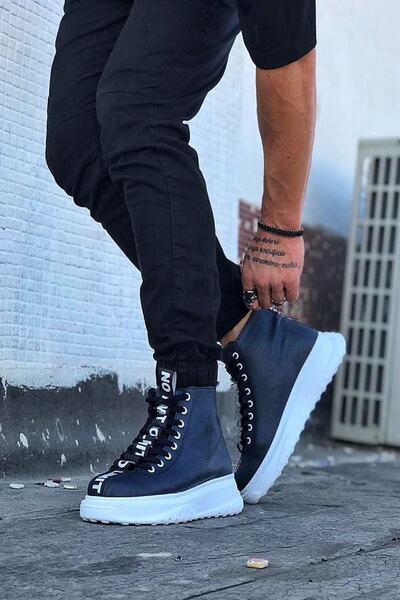 Mida Shoes Navy Blue Leather Men's Half Ankle Boots