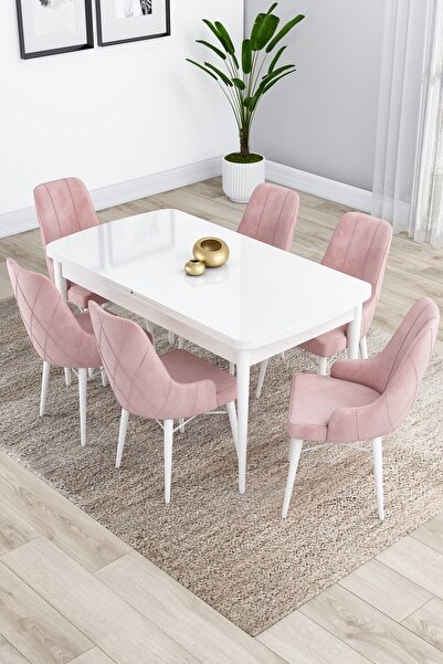 Canisa Kar Serisi, Beyaz Masa Açılabilir 80x132 Mdf Yemek Odası Takımı, 6 Pem...