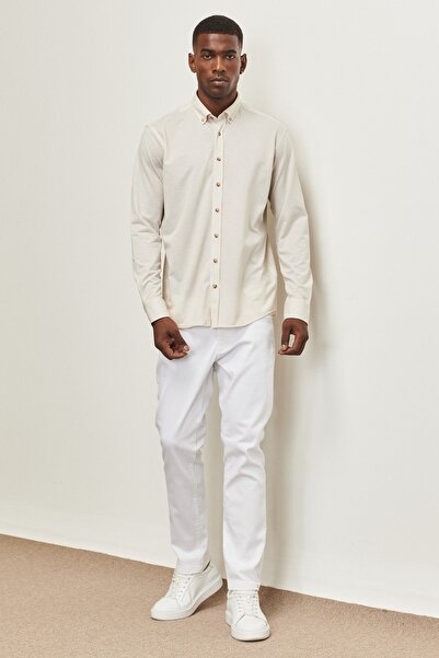 ALTINYILDIZ CLASSICS Pánská béžová slim střih úzkého střihu Oxford s knoflíkovým límcem Pique vzorovaná bavlněná košile